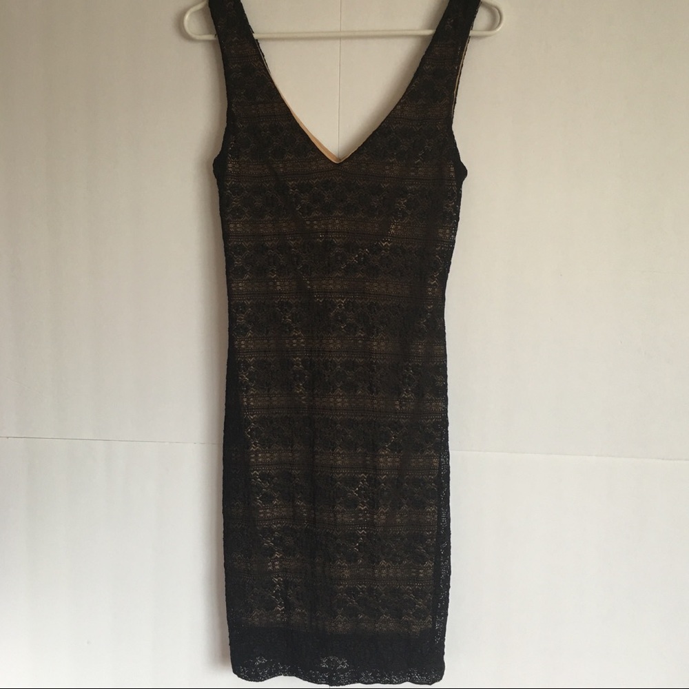 B Darlin Black Lace Overlay Sheath Dress with Nude Lining